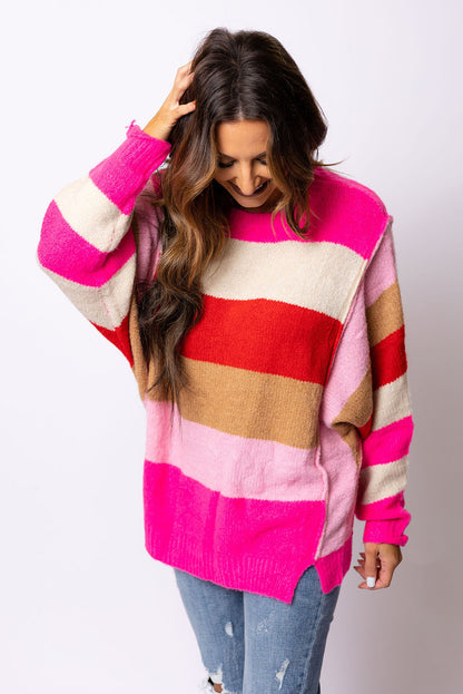 Red Mix Horizon Stripes Dolman Sleeve Sweater