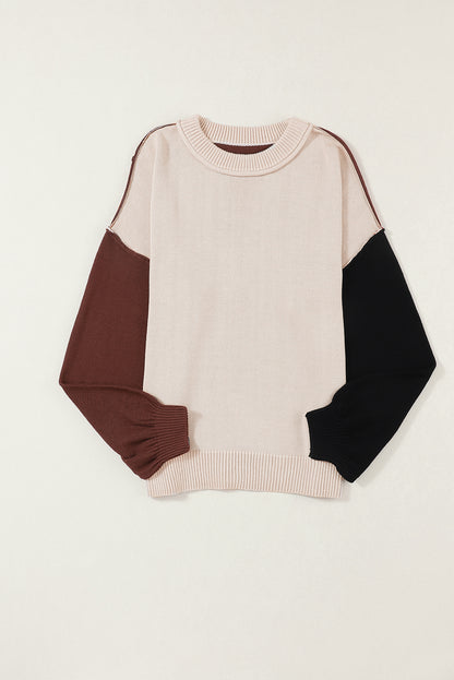 Pink Colorblock Bishop Sleeve Ribbed Trim Sweater