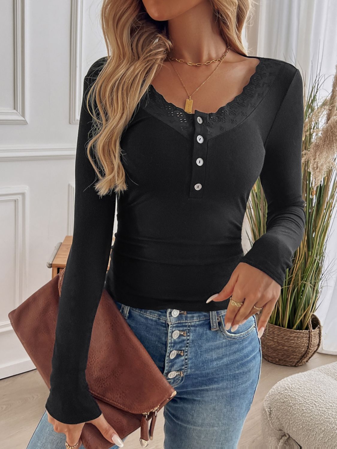 Devine Lace Detail Round Neck Long Sleeve T-Shirt