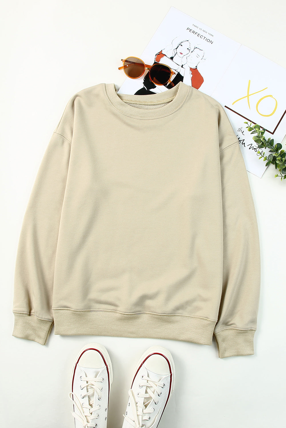 Beige Plain Crew Neck Pullover Sweatshirt