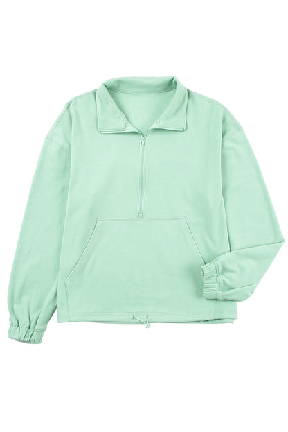 Green Zip Front Pocketed Pullover Sweatshirt