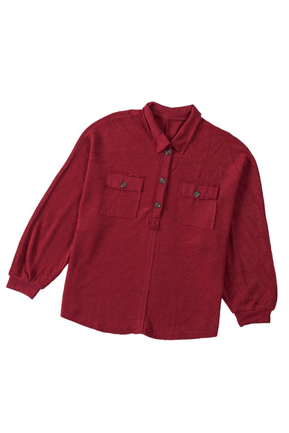 Red Polo Collar Buttoned Patchy Top with Pockets