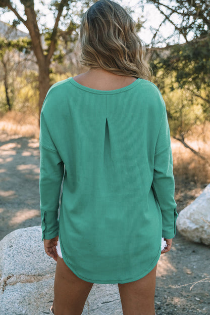 Green Waffle Knit Splicing Buttons Long Sleeve Top