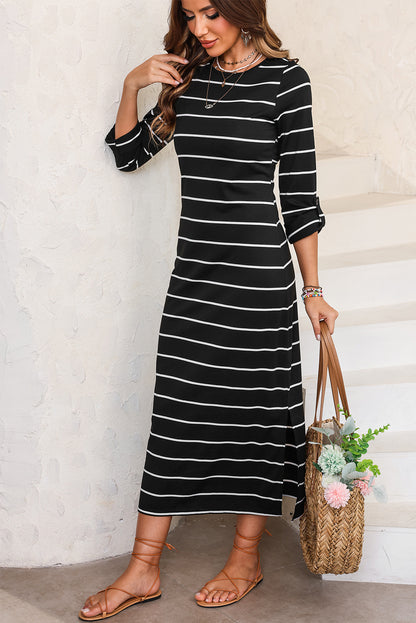 Black Plus Size Striped Loose Long Shift Dress