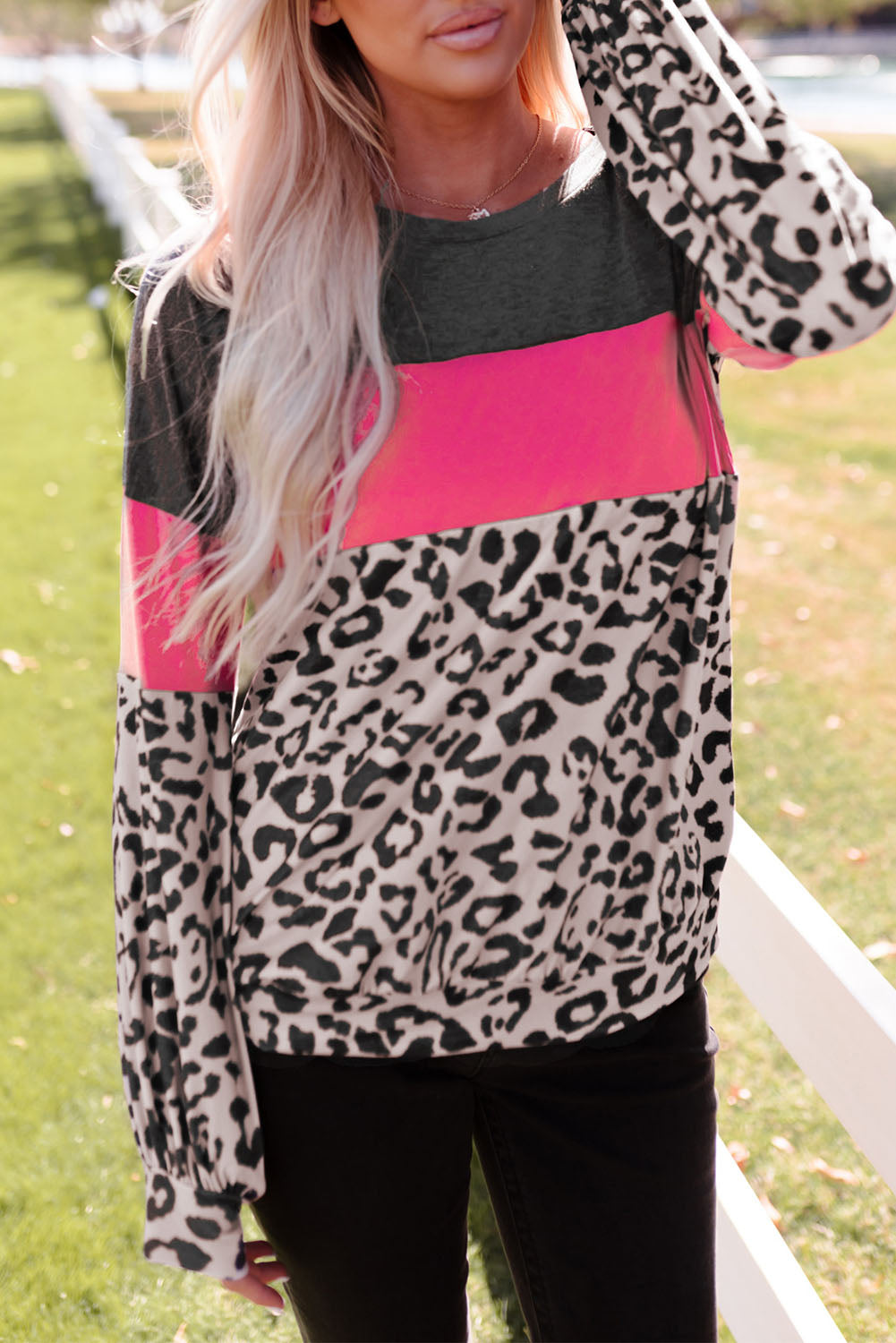 Leopard Color Block Leopard Patchwork Puff Sleeve Top