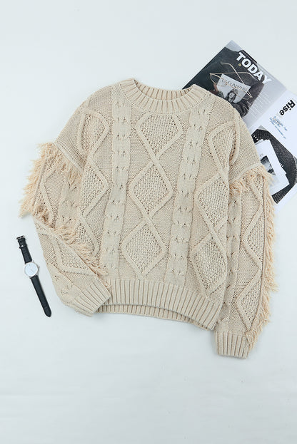 Apricot Cable Knit Fringe Trim Sweater