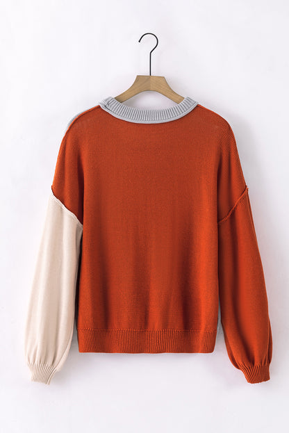 Chicory Coffee Contrast Color Exposed Seam Drop Shoulder Sweater