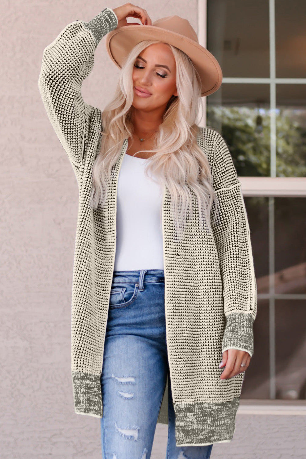 Rose Plaid Knitted Long Open Front Cardigan