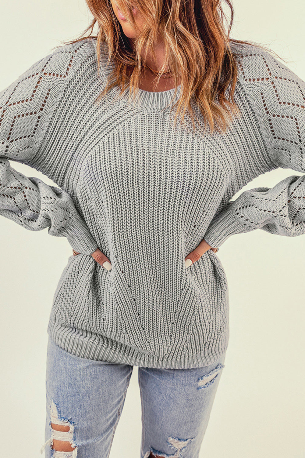 Gray Hollow-out Puffy Sleeve Knit Sweater