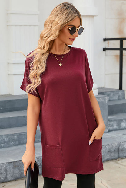 Rose Side Pockets Short Sleeve Tunic Top