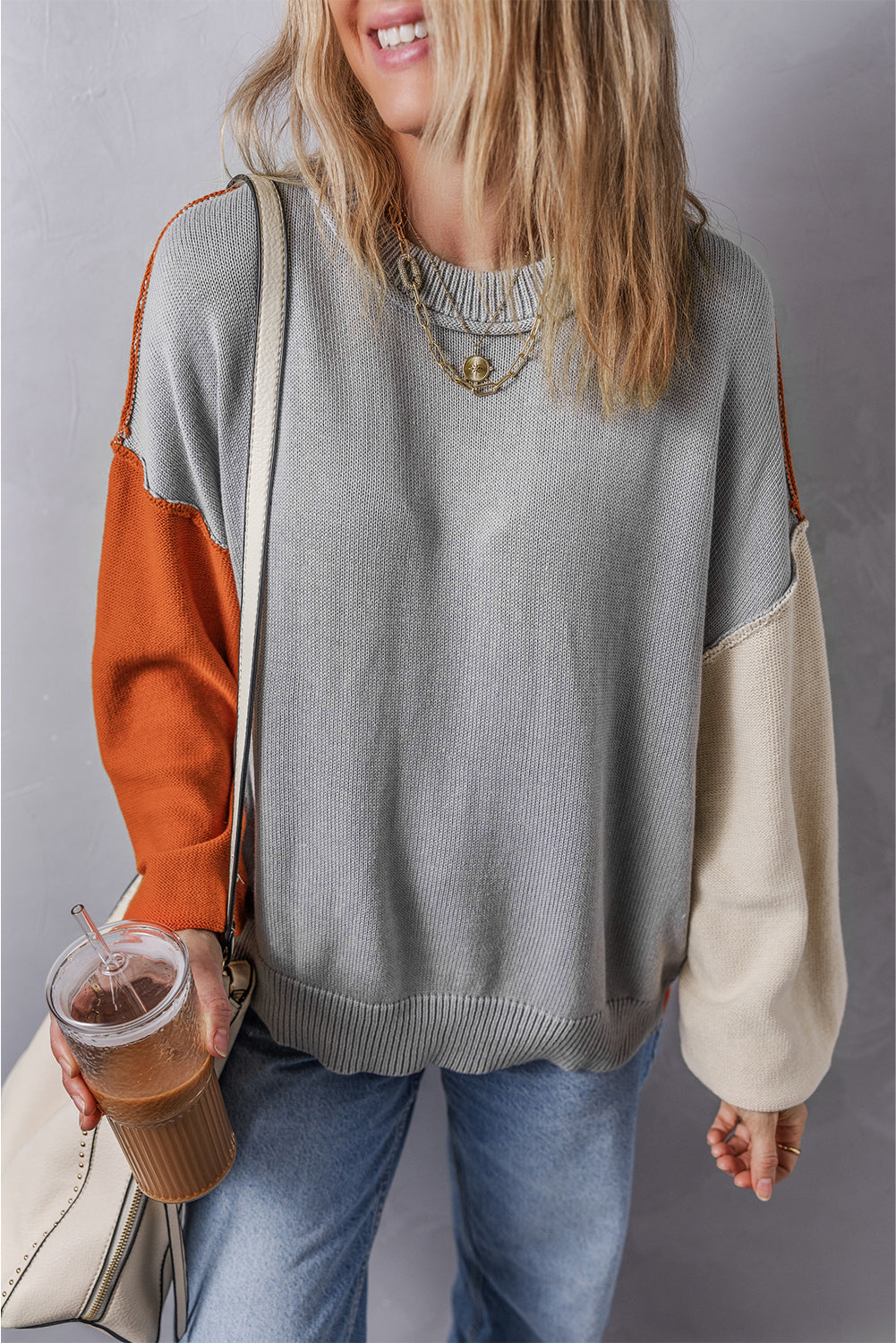 Chicory Coffee Contrast Color Exposed Seam Drop Shoulder Sweater