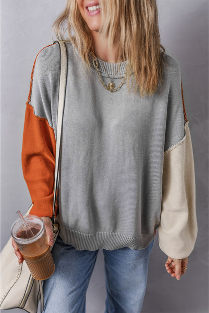 Chicory Coffee Color Block Exposed Seam Loose Fit Sweater