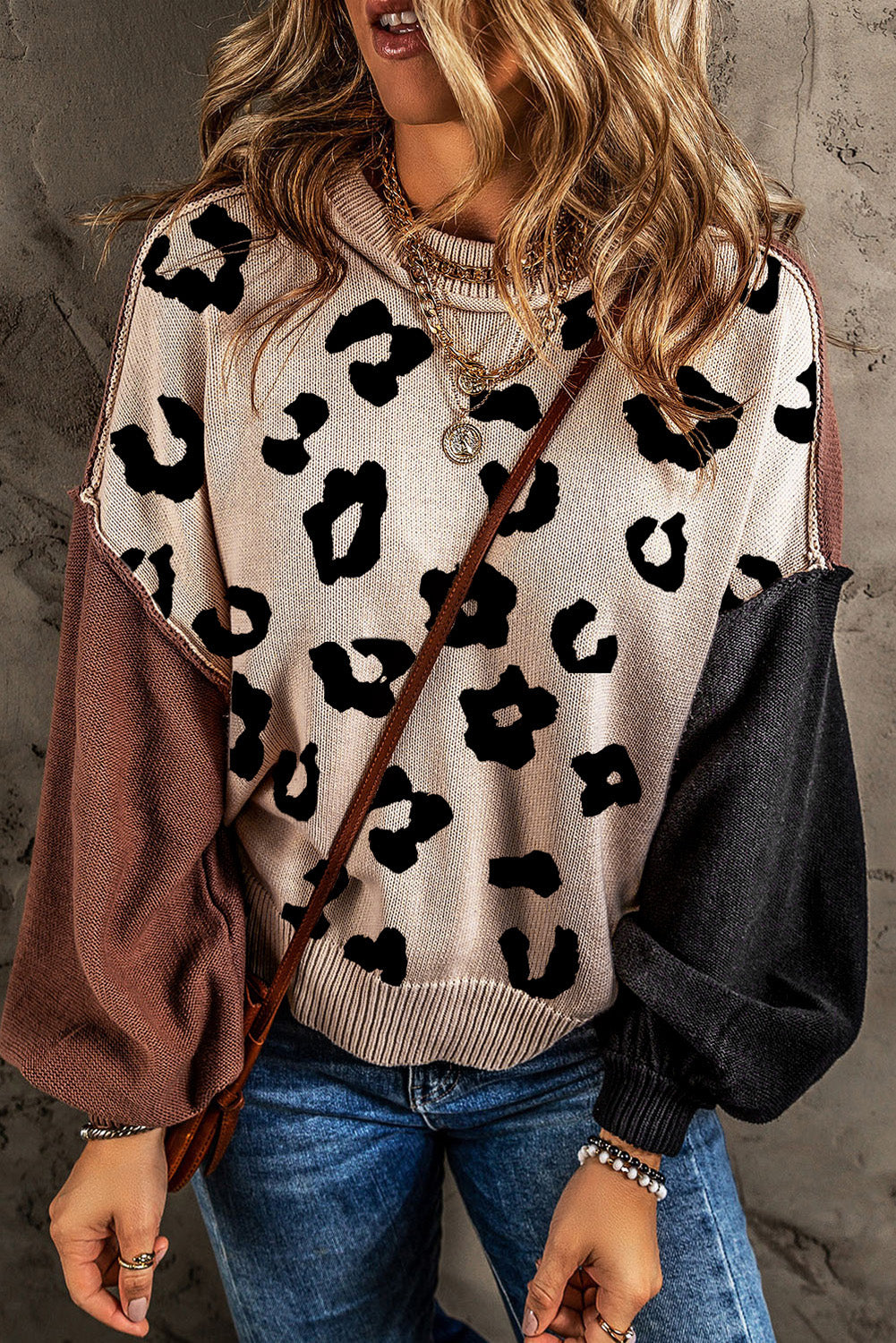 Chicory Coffee Contrast Color Exposed Seam Drop Shoulder Sweater