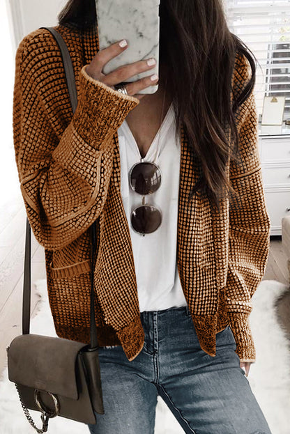 Rose Plaid Knitted Long Open Front Cardigan