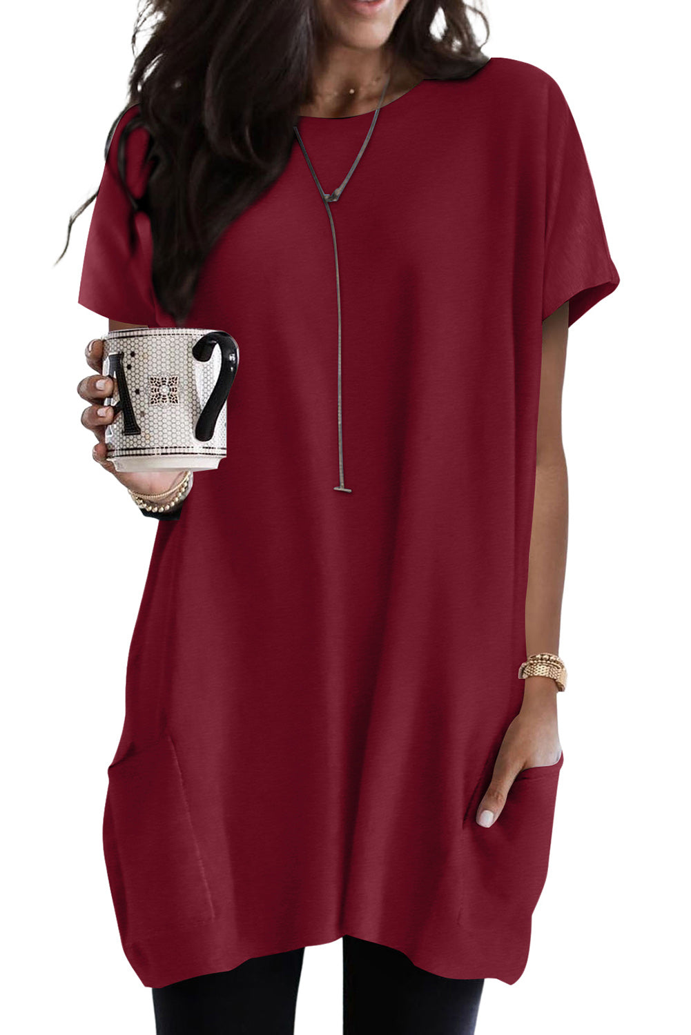 Rose Side Pockets Short Sleeve Tunic Top