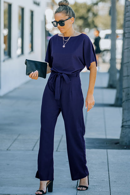 Red Belted Wide Leg Jumpsuit