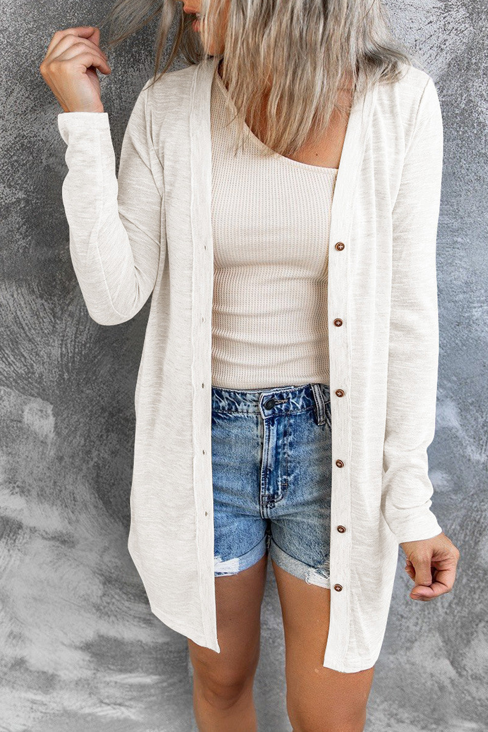 White Solid Color Open-Front Buttons Cardigan