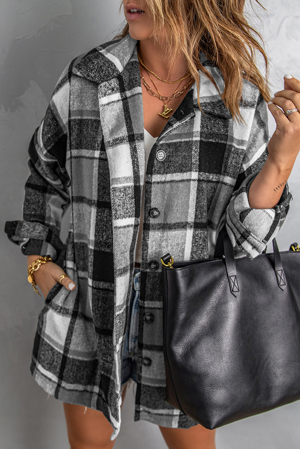 Red Plaid Print Buttoned Shirt Jacket