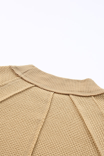 Khaki Waffle Knit Patchwork Oversized Pullover Sweatshirt