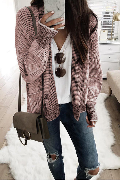 Rose Plaid Knitted Long Open Front Cardigan