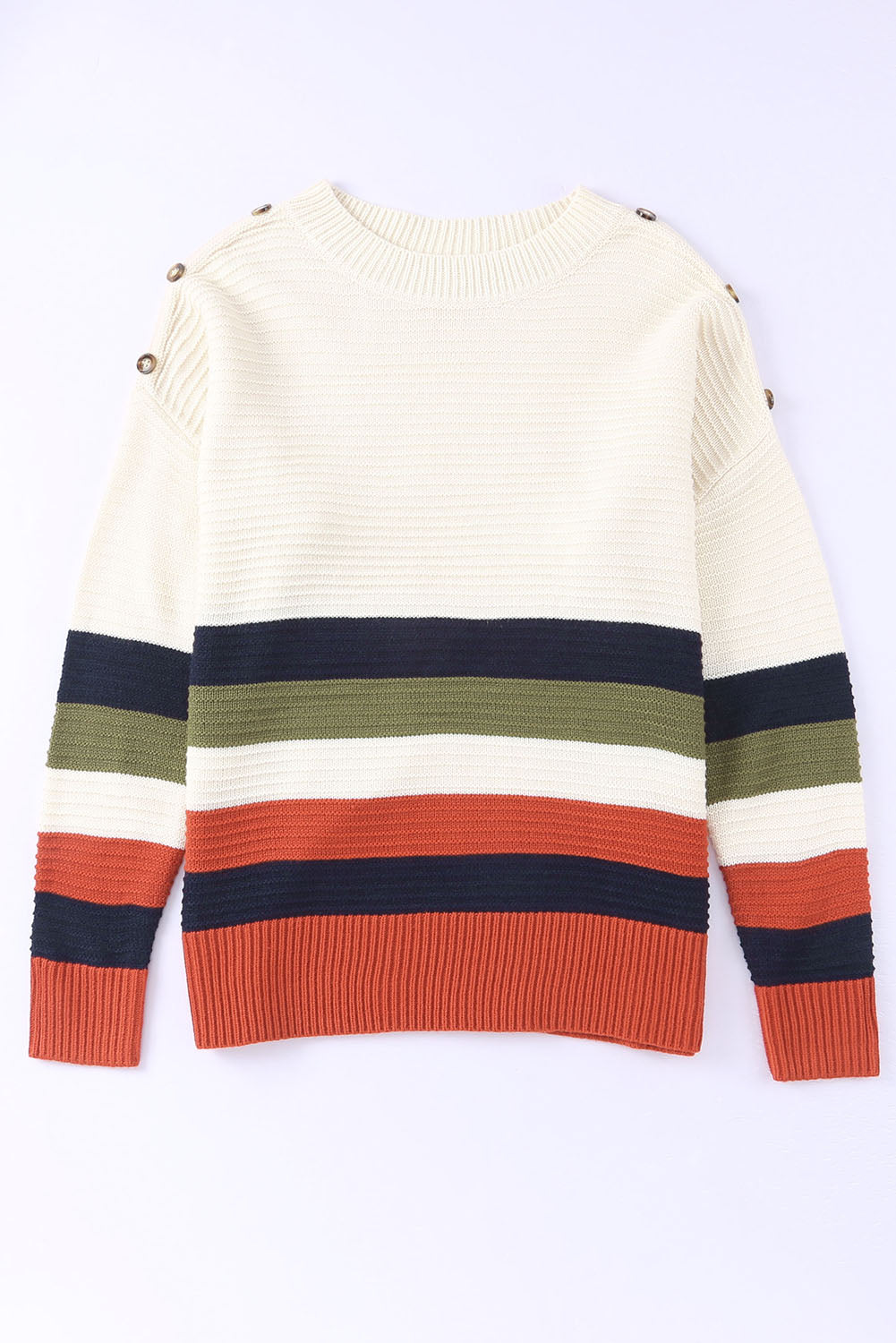 White Buttoned Shoulder Drop Shoulder Striped Sweater