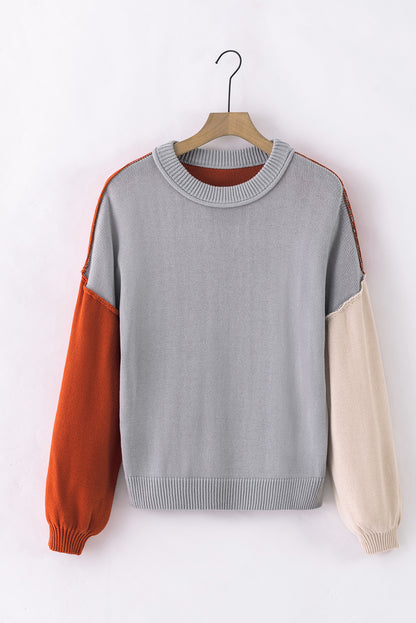 Chicory Coffee Contrast Color Exposed Seam Drop Shoulder Sweater