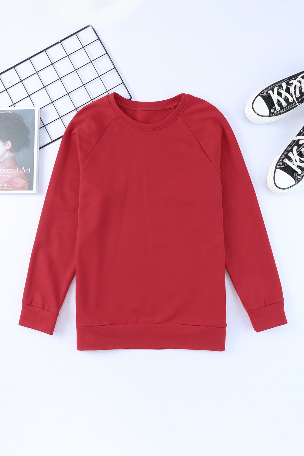 Red Solid Round Neck Raglan Sleeve Sweatshirt