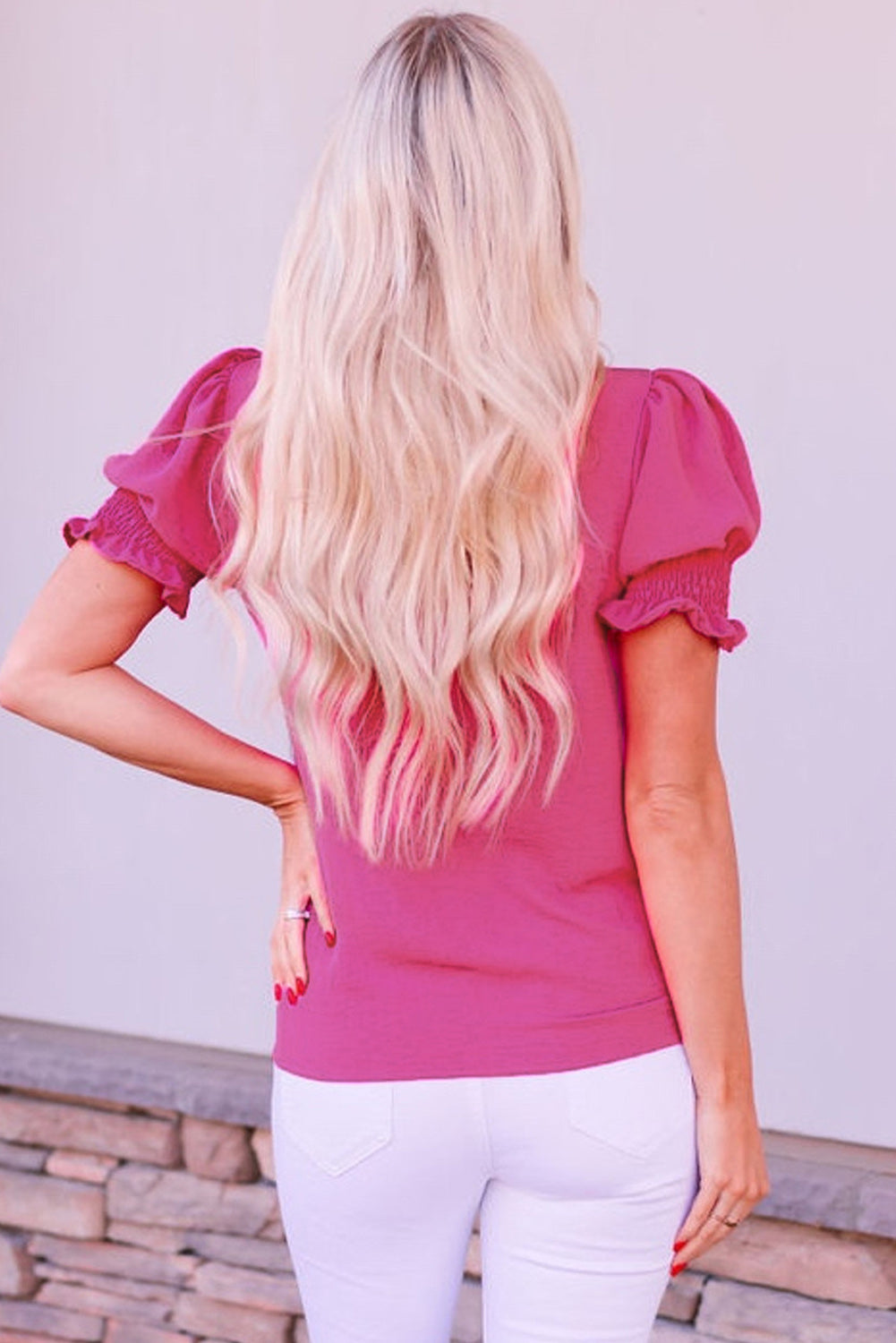 Rose Solid Color Smocked Puff Sleeve Blouse