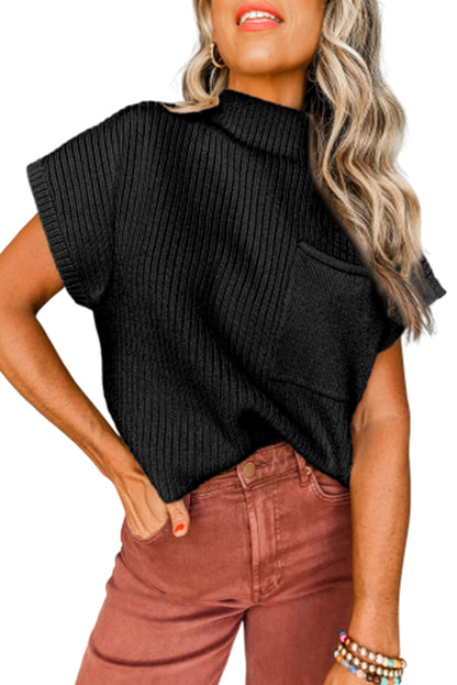 Gold Flame Patch Pocket Ribbed Knit Short Sleeve Sweater