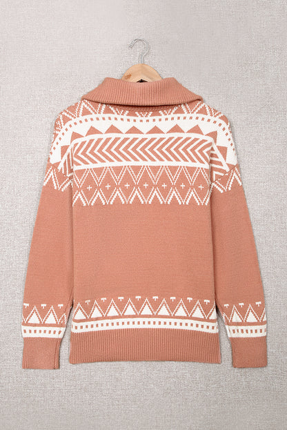 White Geometry Knit Quarter Zip Sweater