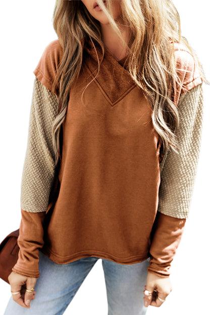 Chestnut Contrast Sleeves Patchwork Colorblock Hoodie