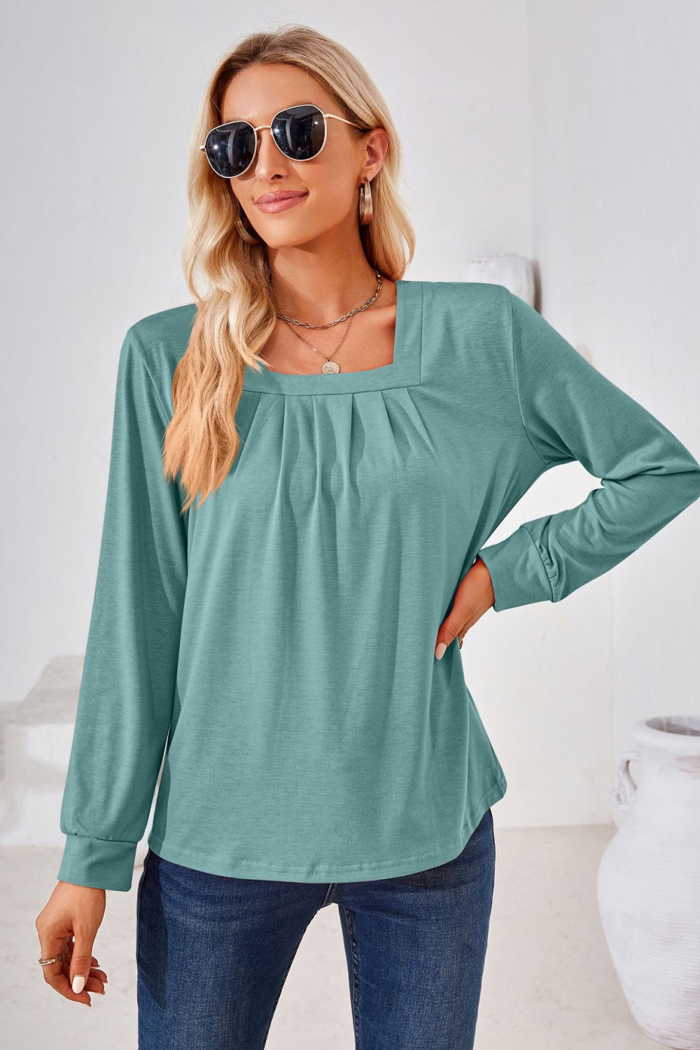 Square Neck Ruched Long Sleeve Blouse