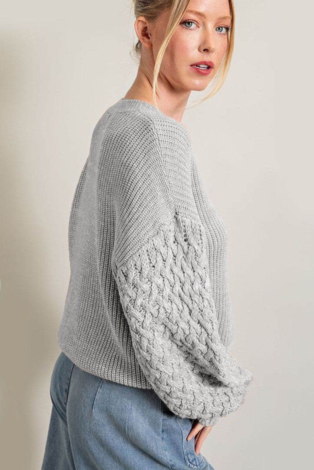 Sea Green Cable Knit Sleeve Drop Shoulder Sweater