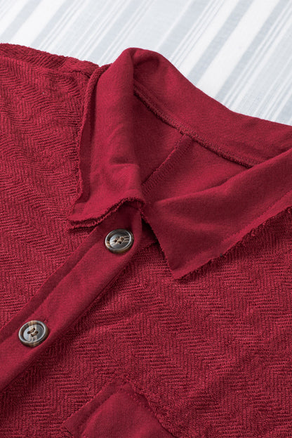 Red Polo Collar Buttoned Patchy Top with Pockets