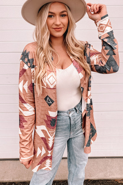 Khaki Western Aztec Print Open Front Cardigan