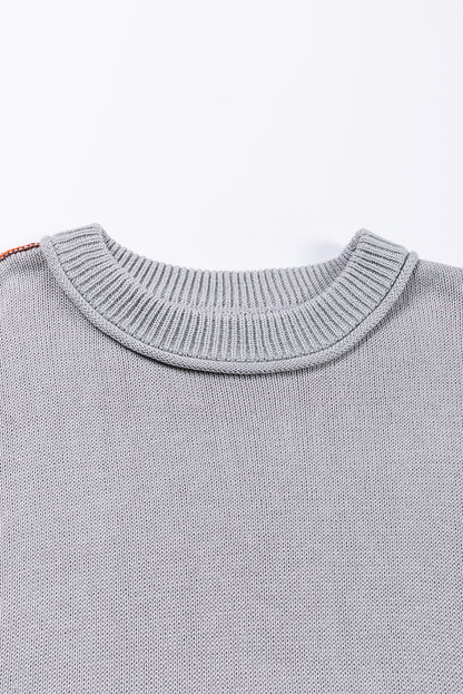 Chicory Coffee Contrast Color Exposed Seam Drop Shoulder Sweater