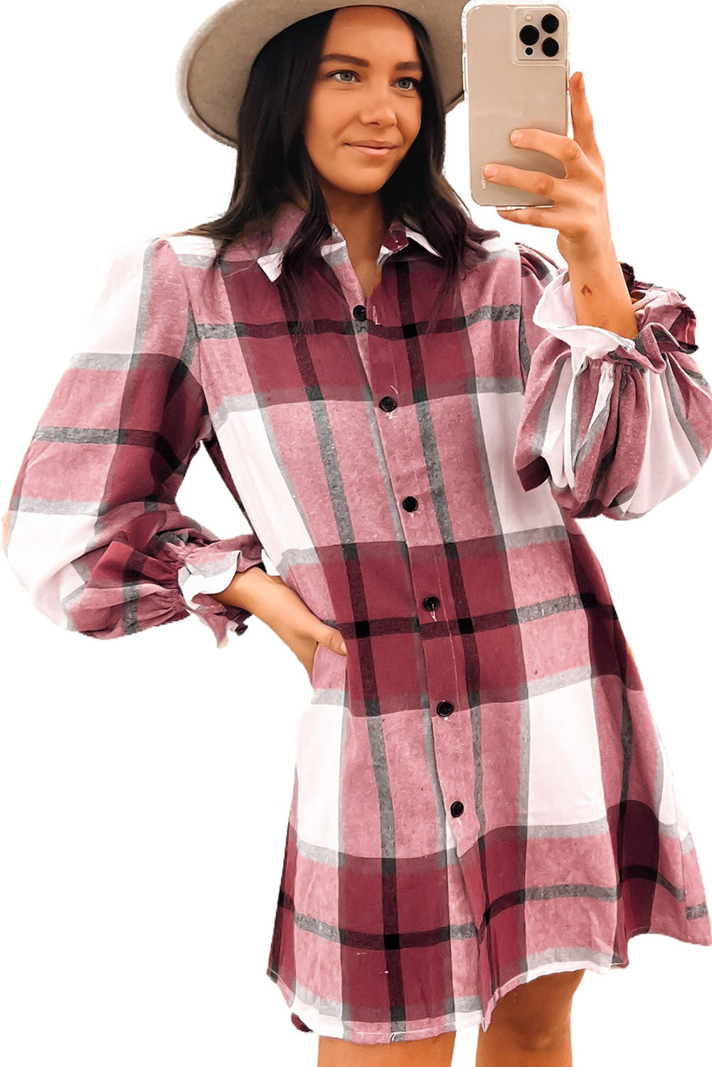 Khaki Plaid Pattern Collared Neck Ruffled Sleeve Shirt Dress