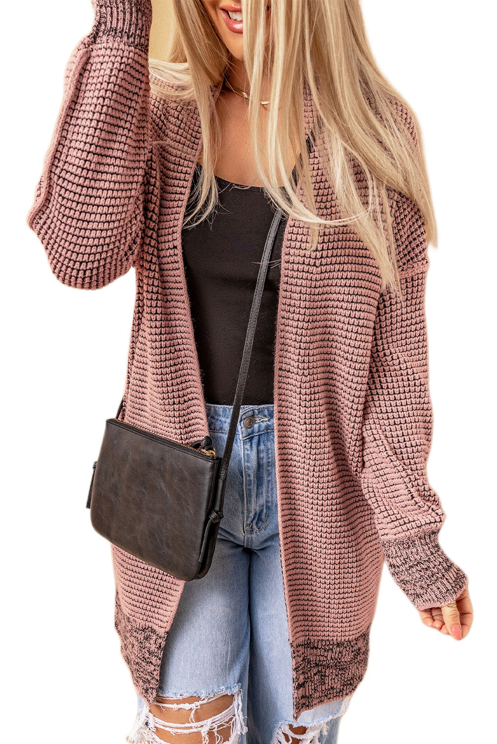 Rose Plaid Knitted Long Open Front Cardigan