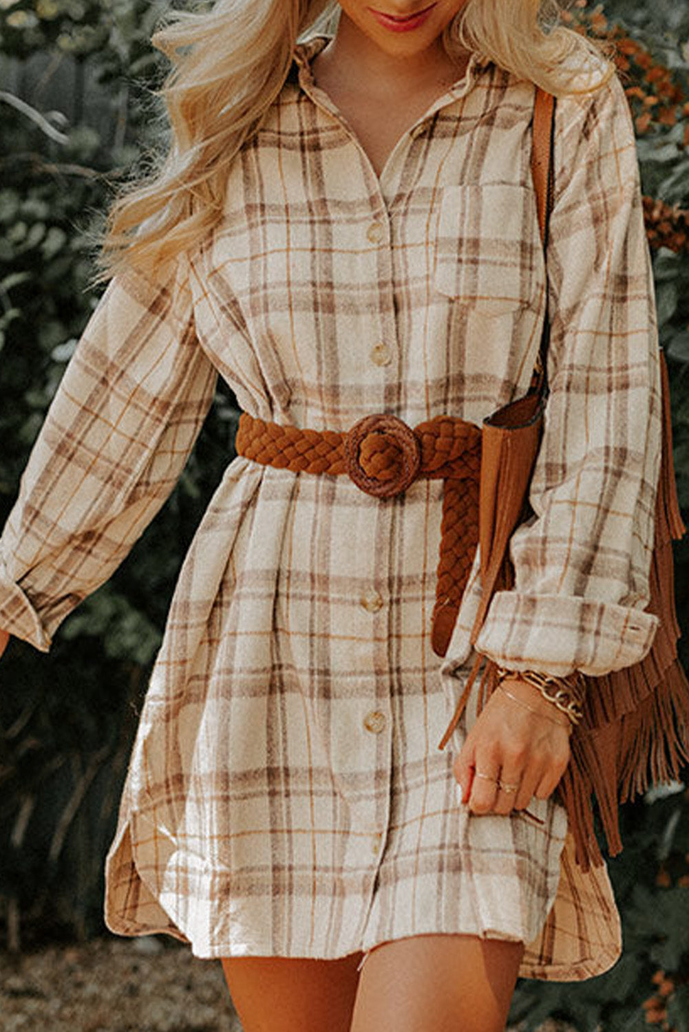 Khaki Plaid Pattern Collared Neck Ruffled Sleeve Shirt Dress