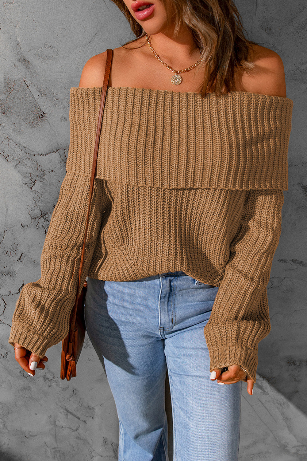 Khaki Ribbed Knit Foldover Off Shoulder Sweater