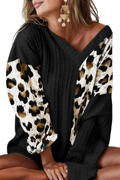 Beige Asymmetric Leopard Patchwork Wide Sleeve V Neck Sweater