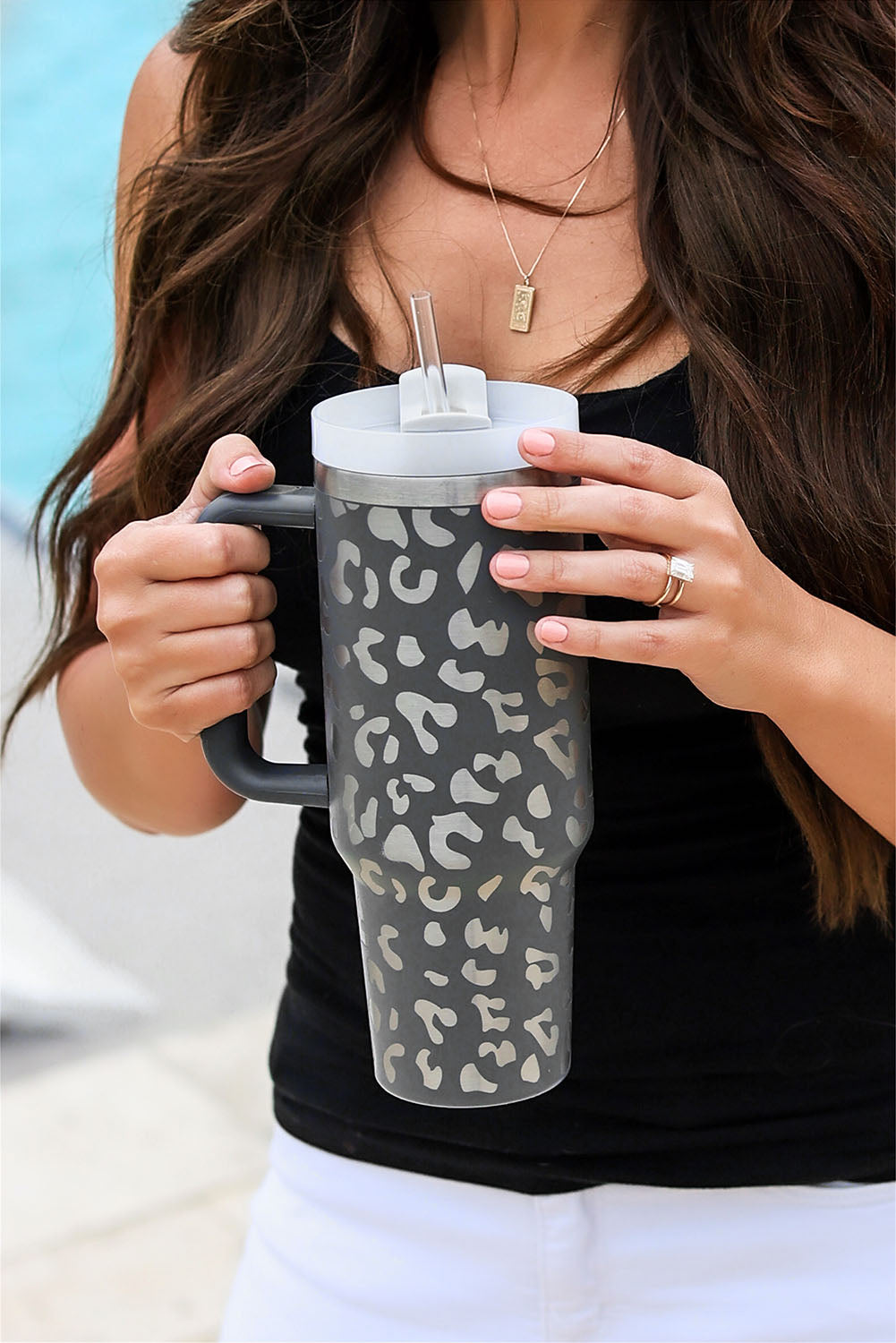 Black Leopard Print 40OZ Stainless Steel Portable Cup with Handle