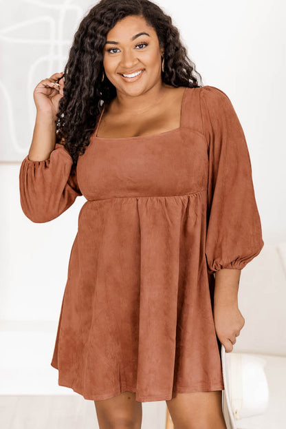 Brown Suede Square Neck Puff Sleeve Dress