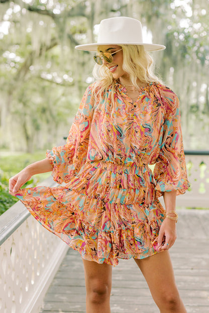 Multicolor Paisley Print Frilled Mini Dress