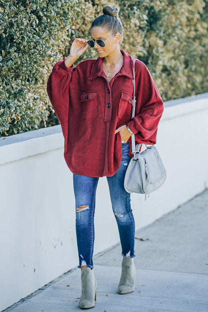 Red Polo Collar Buttoned Patchy Top with Pockets