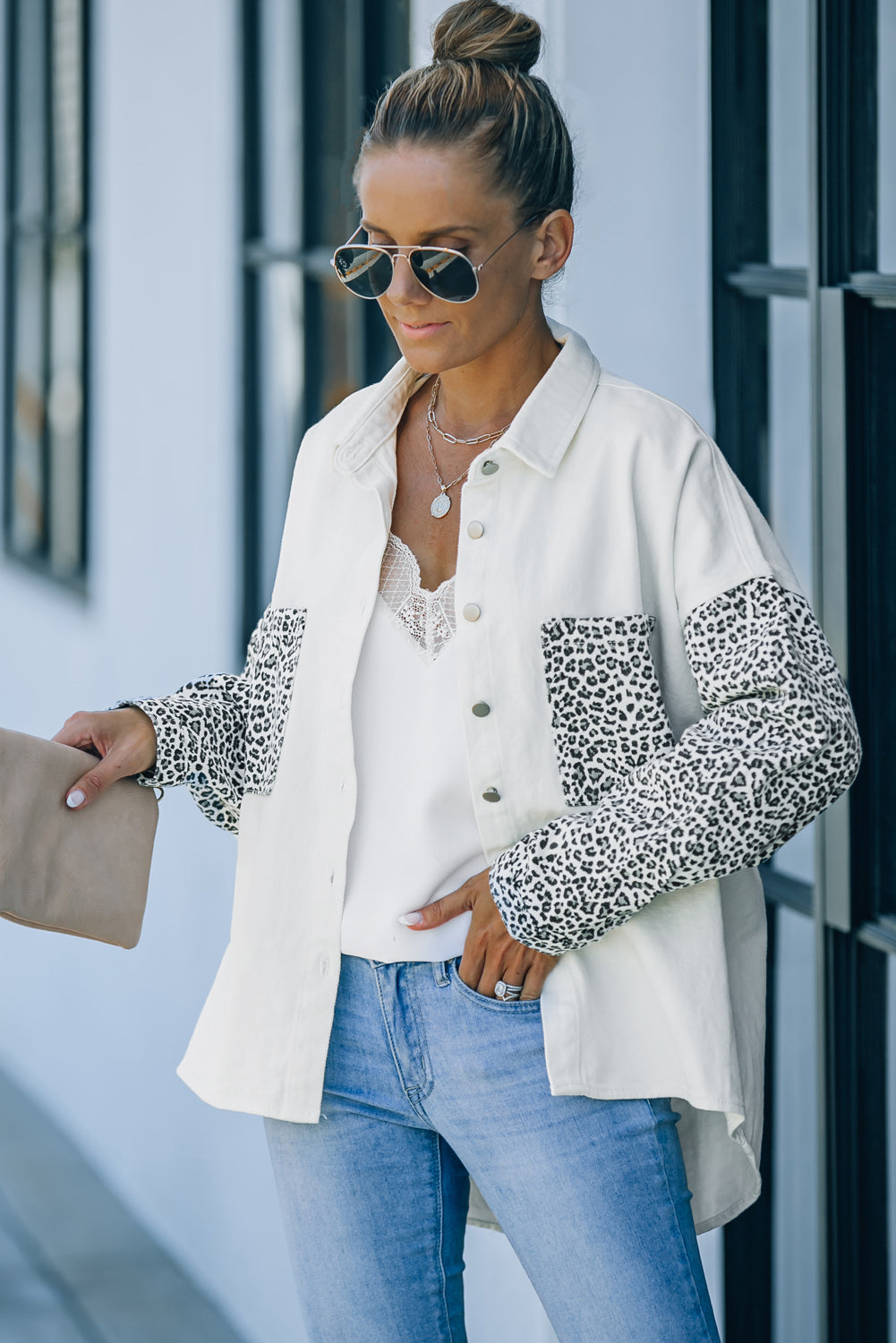 Sky Blue Contrast Leopard Denim Jacket