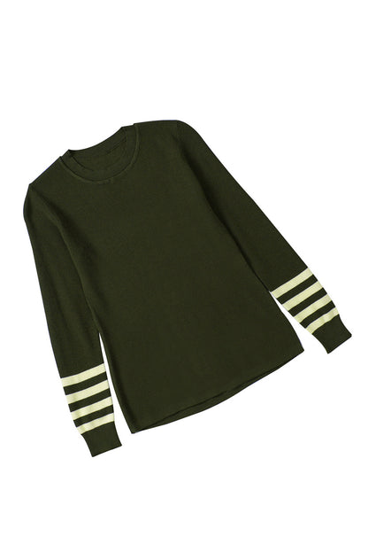 Black Striped Sleeve Plain Knit Sweater