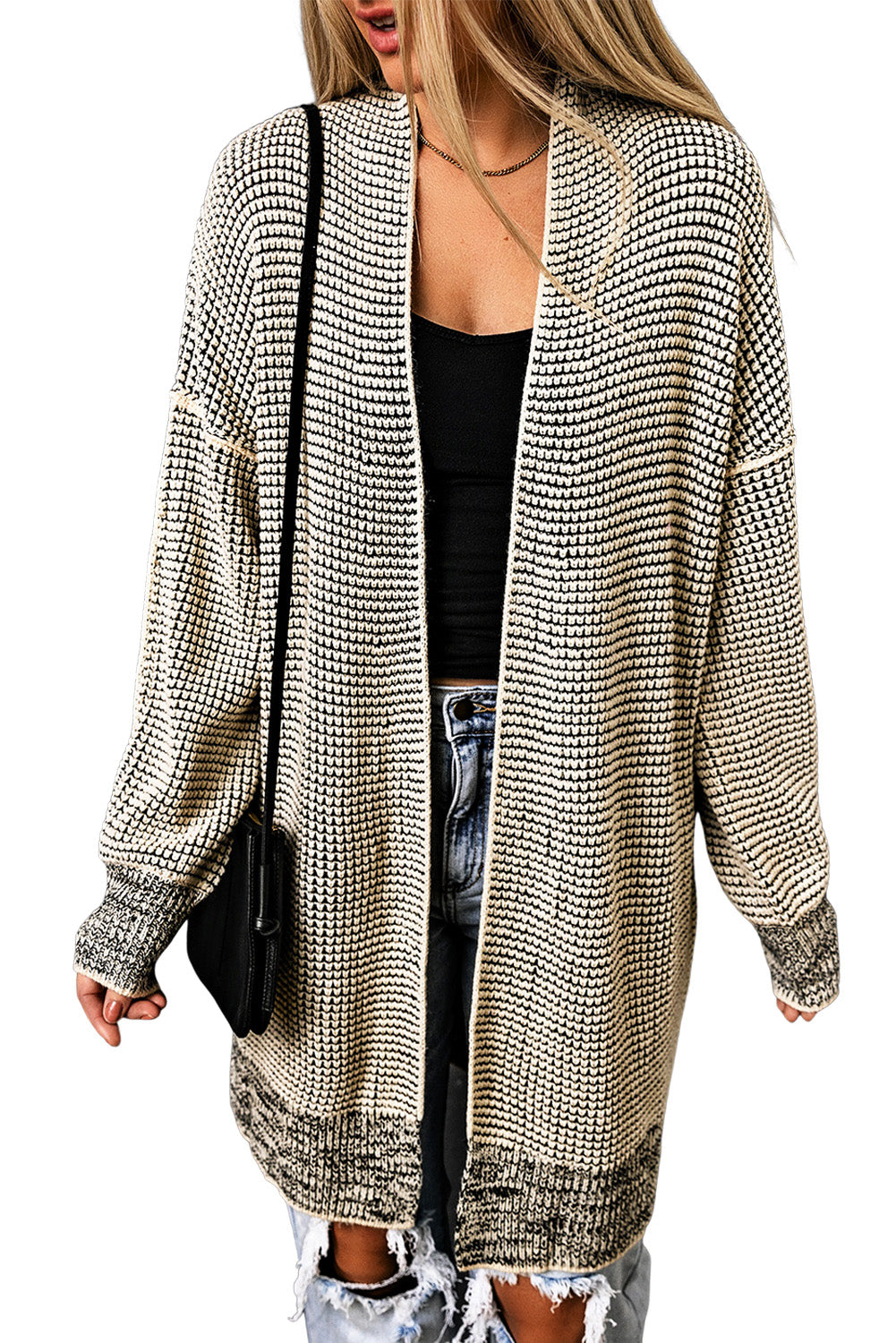 Rose Plaid Knitted Long Open Front Cardigan