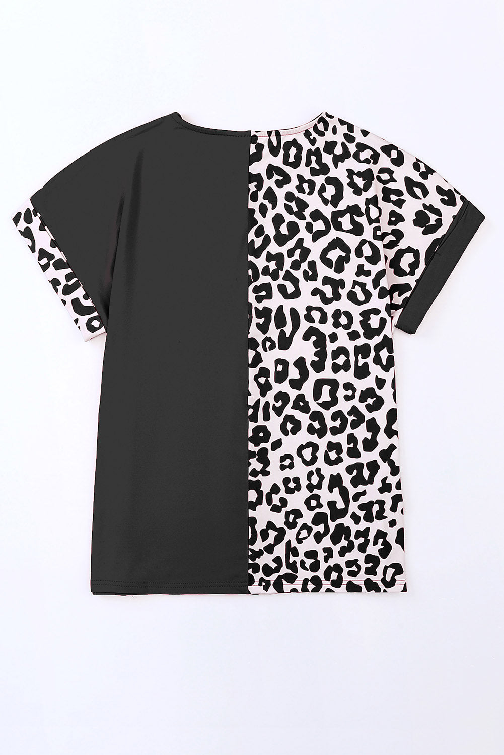 Black Contrast Solid Leopard Short Sleeve T-shirt Dress with Slits