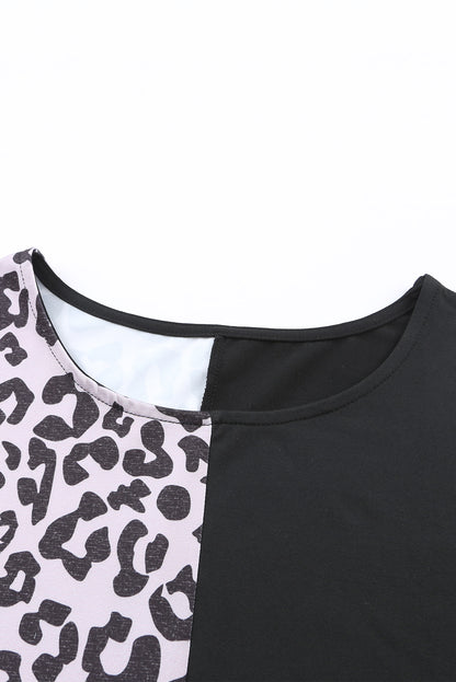 Black Contrast Solid Leopard Short Sleeve T-shirt Dress with Slits